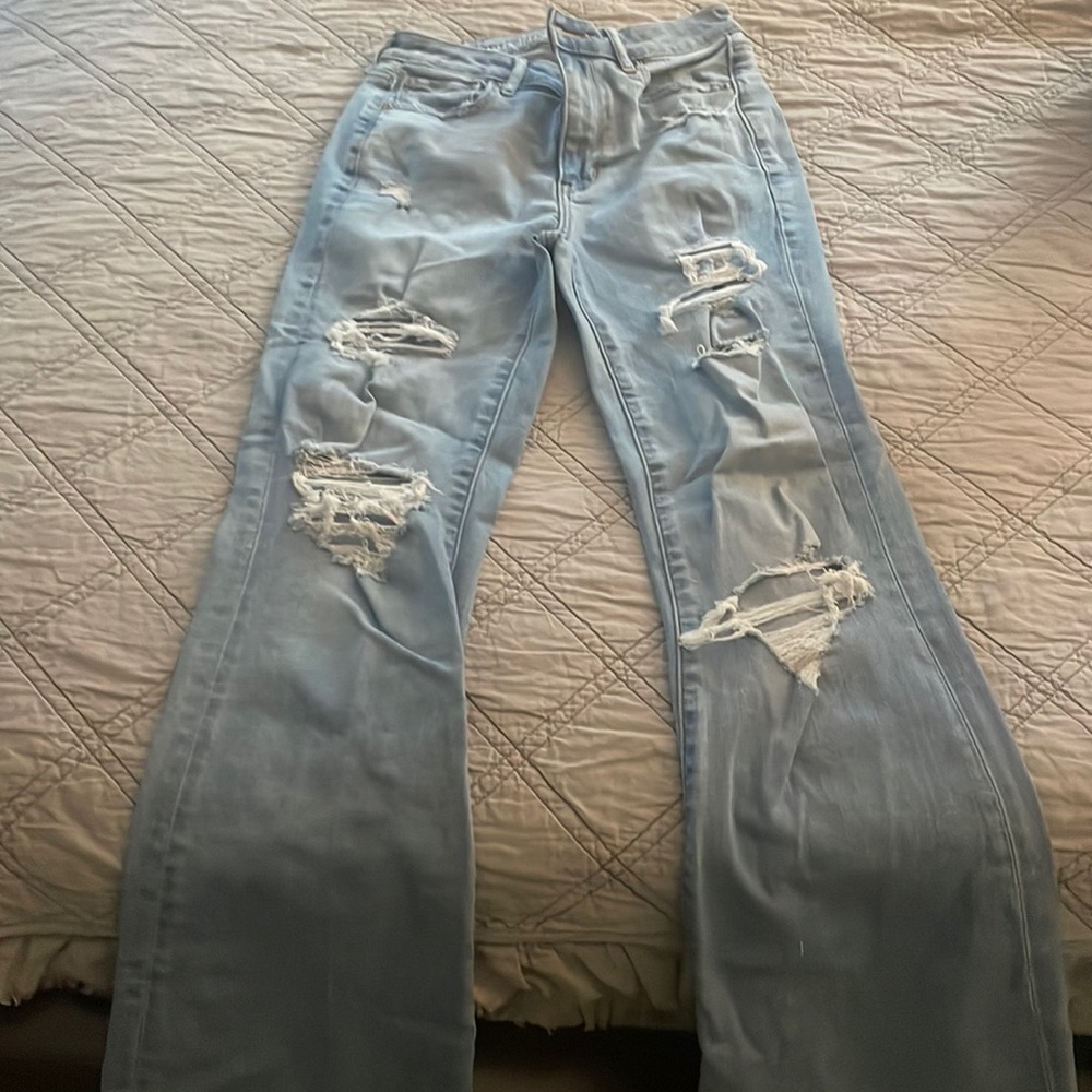 American Eagle distressed flare stretch jeans
